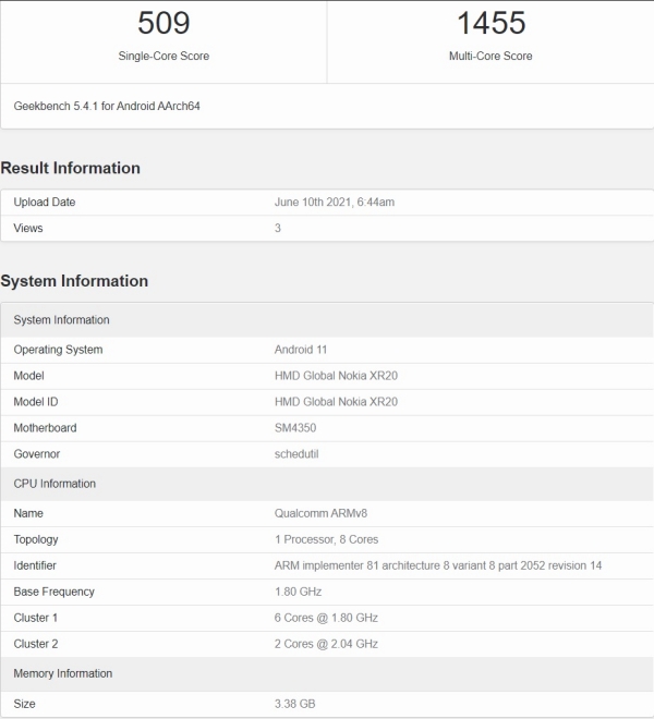 Nokia XR20 xuất hiện trên Geekbench