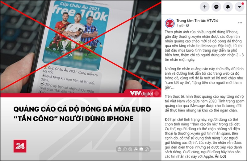 Mùa Euro và những tin nhắn quảng cáo cá độ bóng đá áp đảo người dùng iPhone