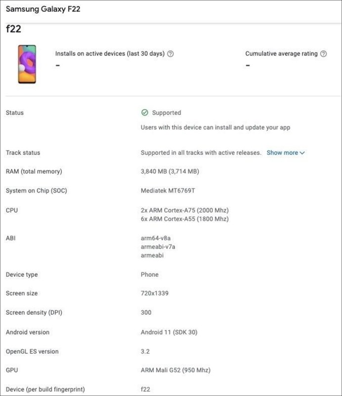 Galaxy F22 sắp ra mắt tại Ấn Độ, vừa xuất hiện trên Google Play Console Galaxy F22 sắp ra mắt tại Ấn Độ, vừa xuất hiện trên Google Play Console