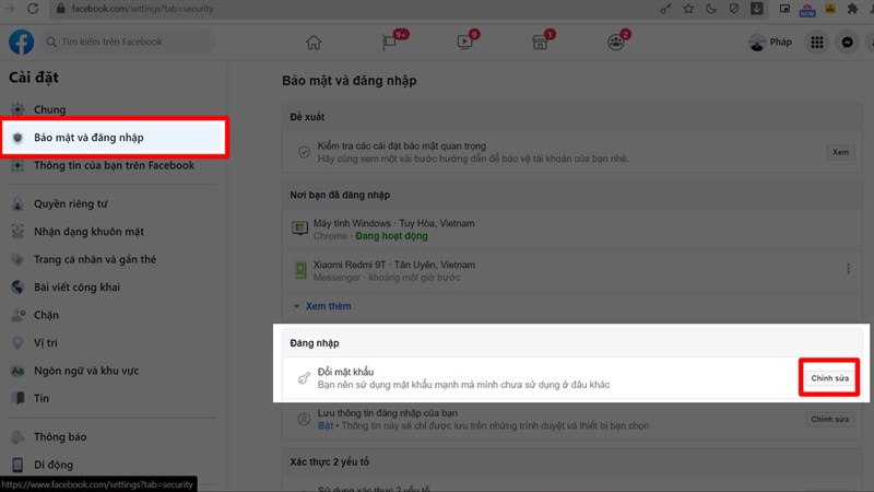 Đổi mật khẩu Faacebook bằng máy tính