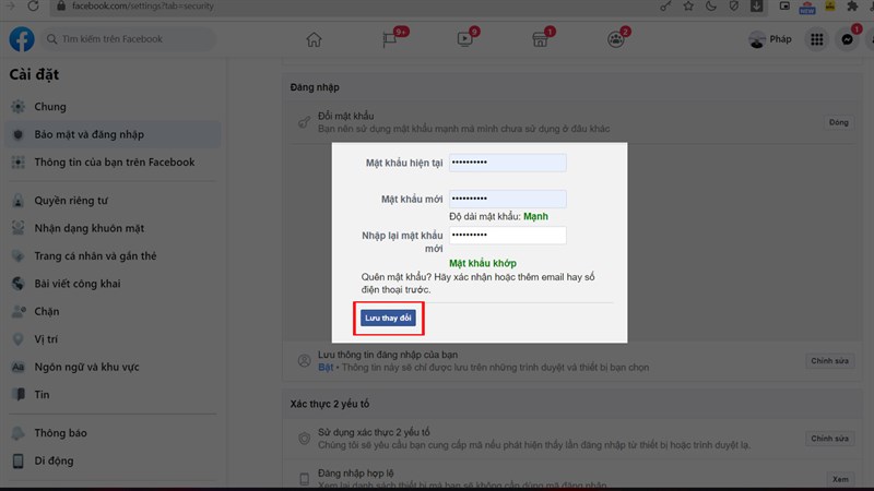Đổi mật khẩu Faacebook bằng máy tính