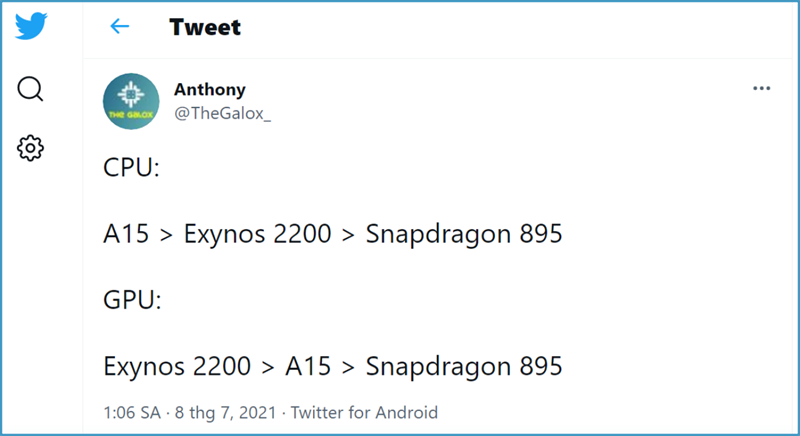 Theo @TheGalox, chip Exynos 2200 mạnh hơn Snapdragon 895