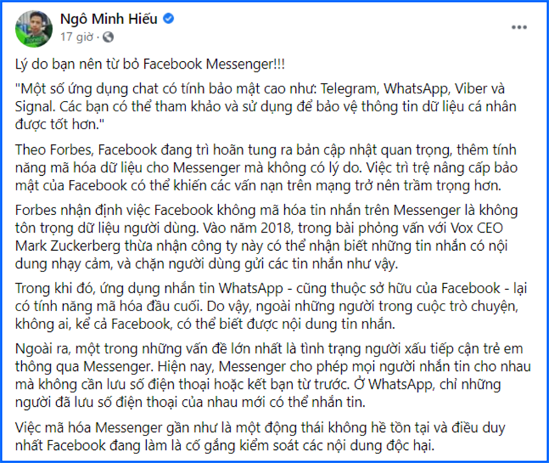 Hiếu PC khuyên cộng đồng mạng nên nghỉ xài Facebook Messenger