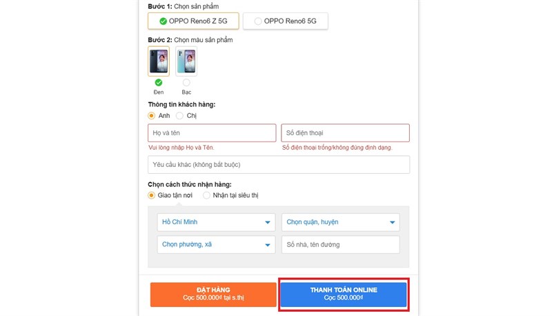 Các bước đặt cọc online khi đặt trước OPPO Reno6 Z 5G, OPPO Reno6 5G Các bước đặt cọc online khi đặt trước OPPO Reno6 Z 5G, OPPO Reno6 5G