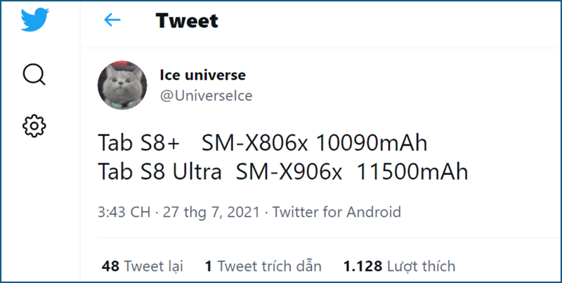Galaxy Tab S8+ và Galaxy Tab S8 Ultra lộ thông số pin Galaxy Tab S8+ và Galaxy Tab S8 Ultra lộ thông số pin
