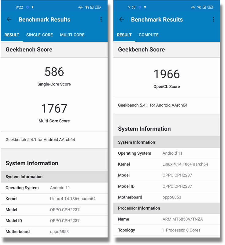 Điểm GeekBench 5 đơn nhân/đa nhân (bên phải) và GPU Compute (bên trái) của OPPO Reno6 Z 5G. Điểm GeekBench 5 đơn nhân/đa nhân (bên phải) và GPU Compute (bên trái) của OPPO Reno6 Z 5G.