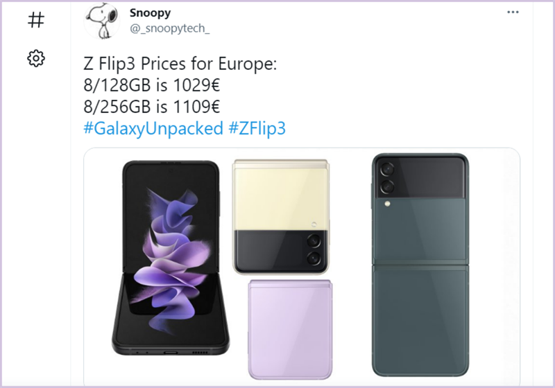 Galaxy Z Flip 3 lộ giá bán các phiên bản bộ nhớ