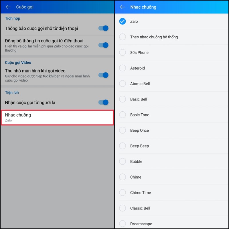 Cách đổi nhạc chuông Zalo