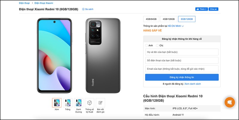 đăng ký nhận thông tin của Redmi 10