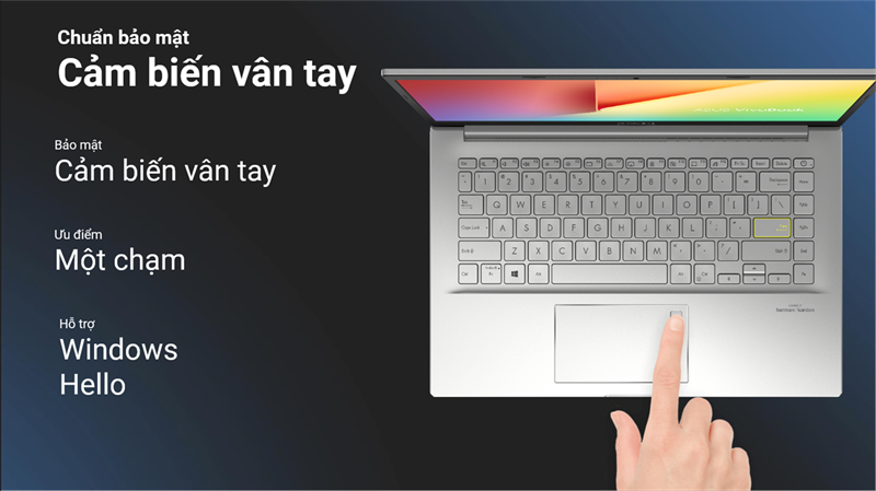 Bàn phím của VivoBook 15 OLED (A515) hứa hẹn mang lại trải nghiệm gõ tốt, có hỗ trợ cảm biến vân tay. Nguồn: ASUS.