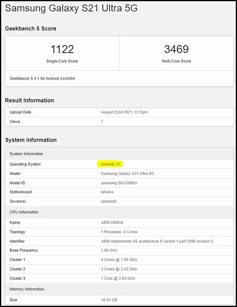 Lộ thông tin Samsung Galaxy S21 Ultra 5G chạy Android 12 Lộ thông tin Samsung Galaxy S21 Ultra 5G chạy Android 12