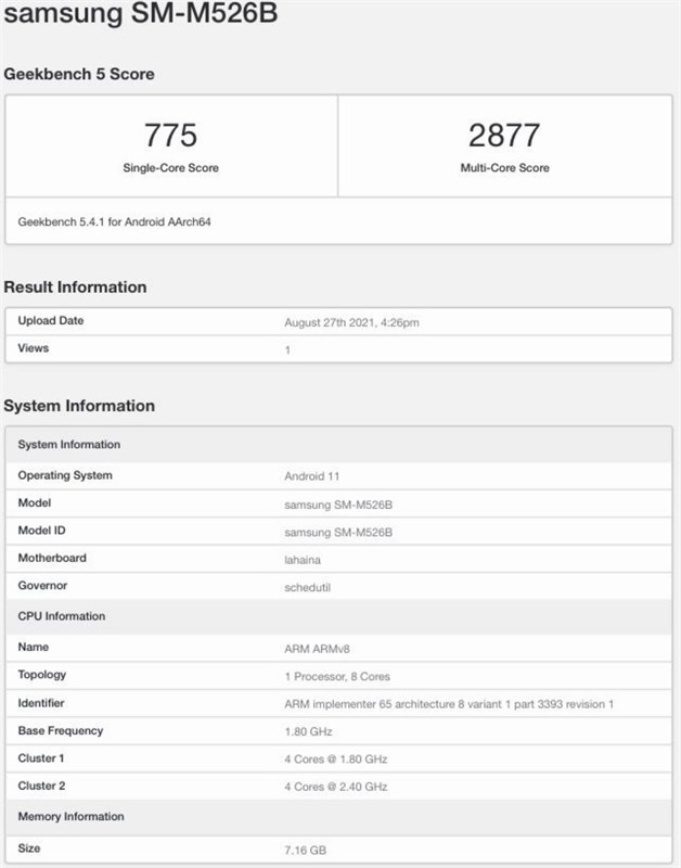 Galaxy M52 5G phiên bản RAM 8GB xuất hiện trên Geekbench