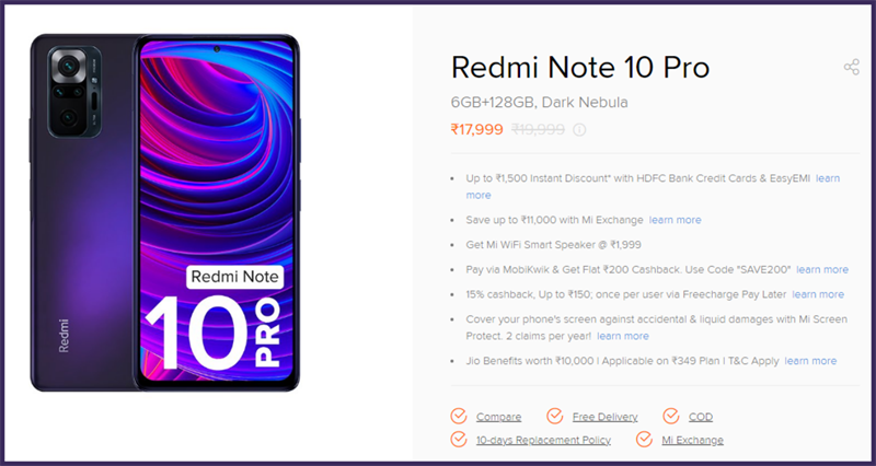 Redmi Note 10 Pro Dark Nebula phiên bản RAM 6 GB + ROM 128 GB có giá 17.999 INR (khoảng 5.6 triệu đồng)