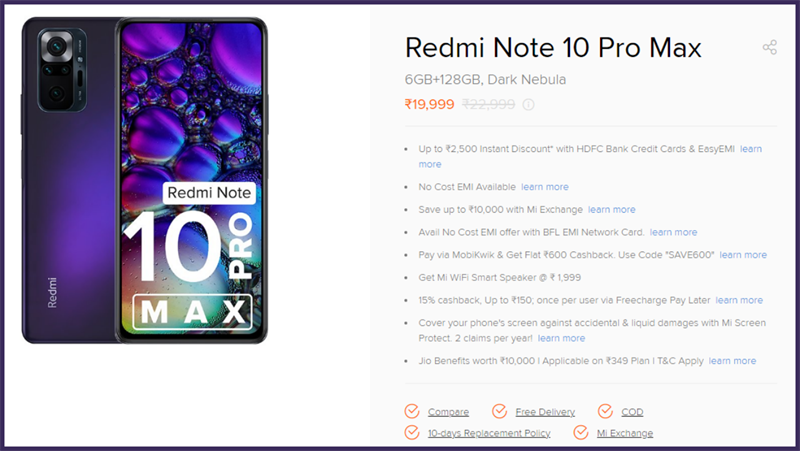 Redmi Note 10 Pro Max Dark Nebula được liệt kê trên trang sản phẩm của Xiaomi Ấn Độ