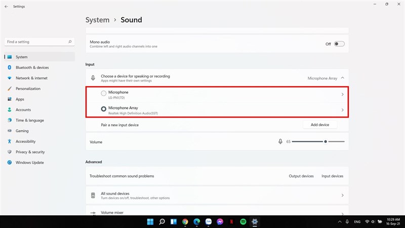 cách lựa chọn đầu vào âm thanh trên máy tính windows 11