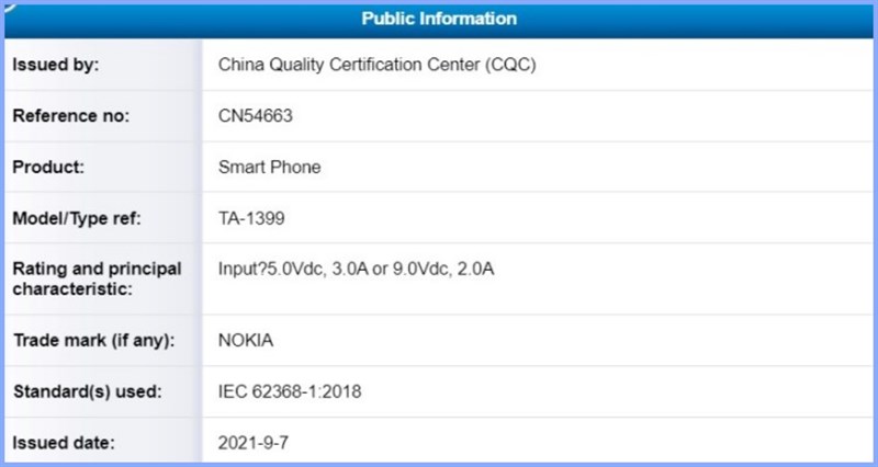 Nokia TA-1399 đạt chứng nhận CQC
