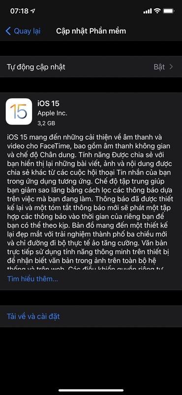 Bản cập nhật iOS 15 chính thức có dung lượng là 3.2 GB.