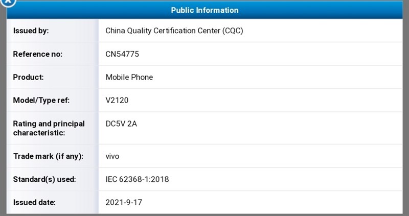 CQC xác nhận Vivo V2120 hỗ trợ sạc 10 W CQC xác nhận Vivo V2120 hỗ trợ sạc 10 W