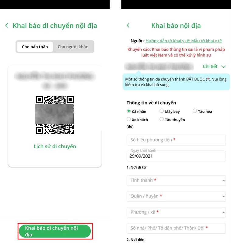 Cách khai báo di chuyển nội địa trên PC Covid