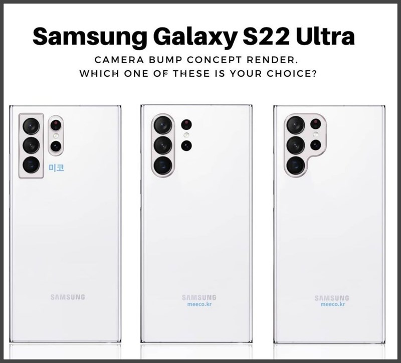 Các kiểu thiết kế mặt lưng của Galaxy S22 Ultra bị rò rỉ, từ trái sang phải là kiểu camera 11 và P Các kiểu thiết kế mặt lưng của Galaxy S22 Ultra bị rò rỉ, từ trái sang phải là kiểu camera 11 và P