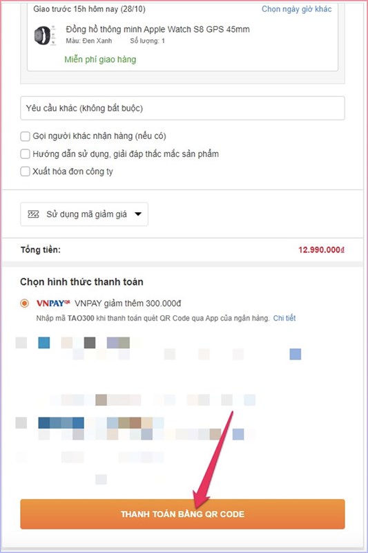 Nhập mã TAO300 giảm 300K khi mua Apple Watch thanh toán qua VNPAY QR