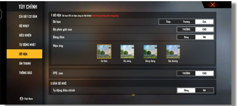 Thiết lập đồ họa trong Free Fire mà mình chỉnh để test hiệu năng Vivo Y21s.
