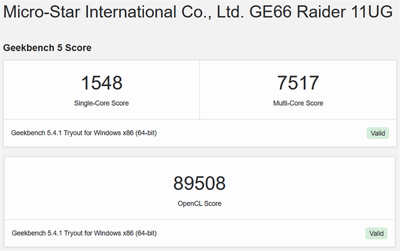 Điểm GeekBench 5 của MSI GE66 Raider.