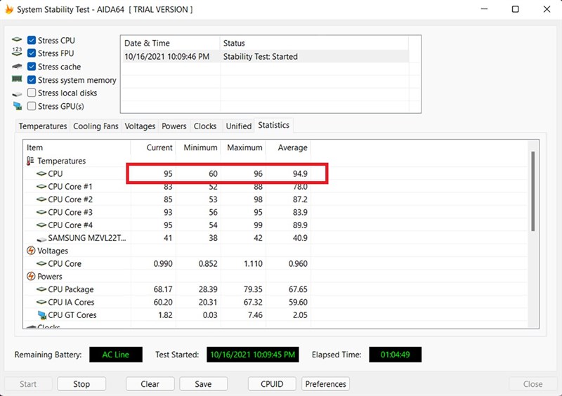 Đo nhiệt độ CPU của MSI GE66 Raider.