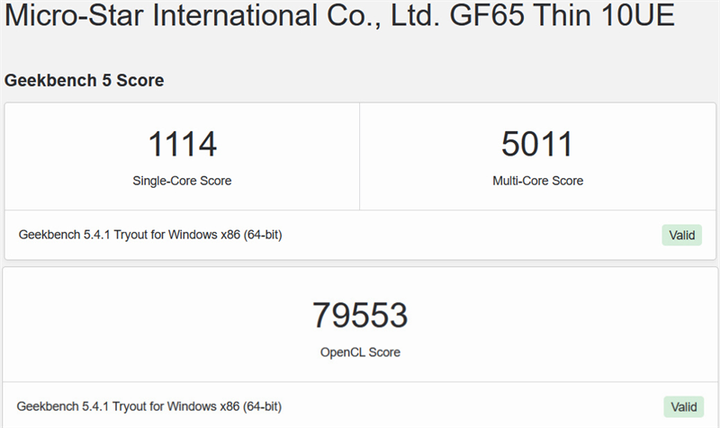 Đo CPU và hiệu năng của MSI GF65 Thin 10UE bằng Geekbench 5.