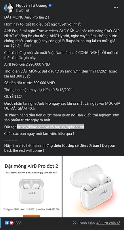 Bài đăng của CEO BKAV chia sẻ thông tin đặt móng tai nghe AirB Pro.