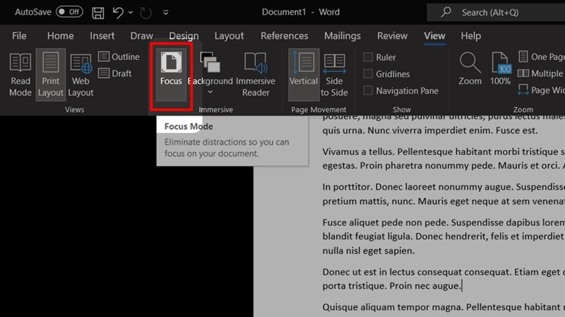 Cách bật chế độ Tập Trung (Focus Mode) trong Micrsoft Word 365
