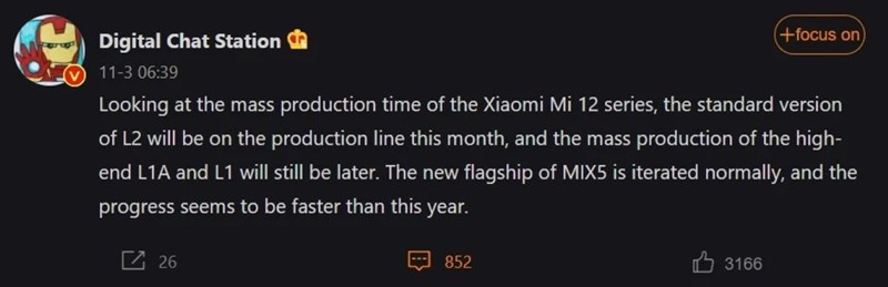 Xiaomi 12 được cho là sẽ bước vào giai đoạn sản xuất trong tháng 11 này
