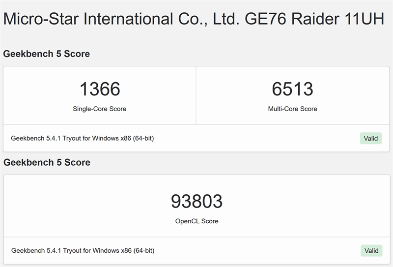 Điểm GeekBench 5 của MSI GE76 Raider.