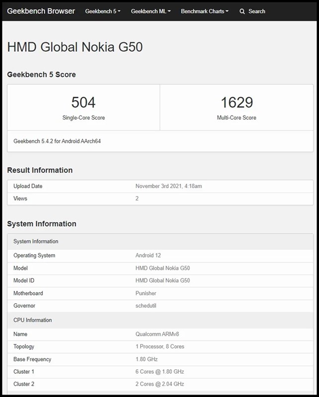 Thông tin của Nokia G50 trên Geekbench Thông tin của Nokia G50 trên Geekbench