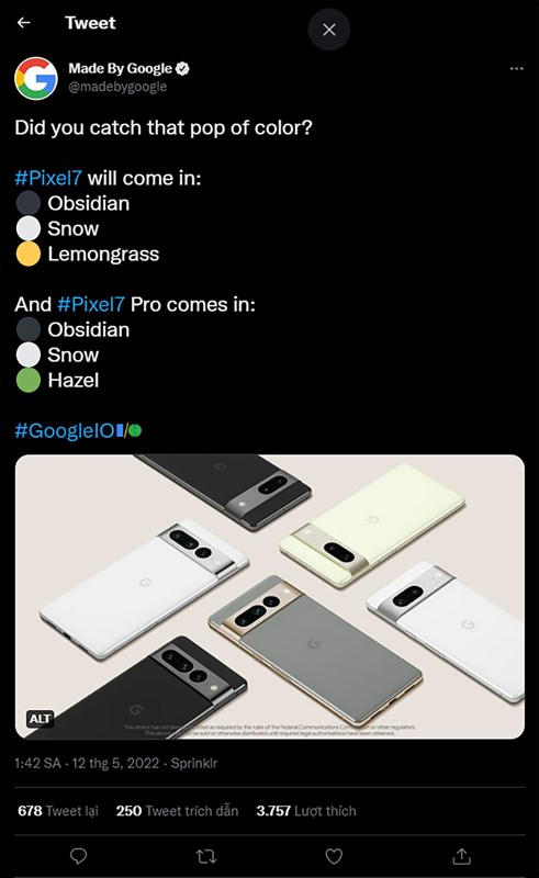 Bài đăng trên Twitter của Google về bộ đôi Pixel 7 và Pixel 7 Pro. Nguồn: Google.