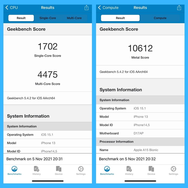Điểm Geekbench 5 đơn/đa nhân (bên trái) và GPU Compute (bên phải) của iPhone 13.