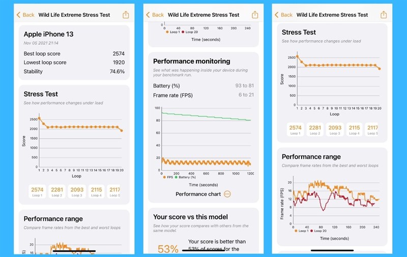 Điểm số của iPhone 13 trong bài test Wild Life Stress Test.