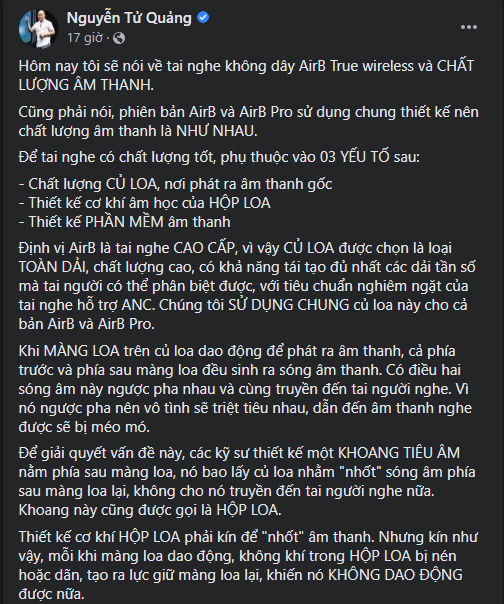 Bài post chia sẻ về cấu tạo tai nghe AirB và AirB Pro của ông Nguyễn Tử Quảng. Nguồn: Facebook Nguyễn Tử Quảng.