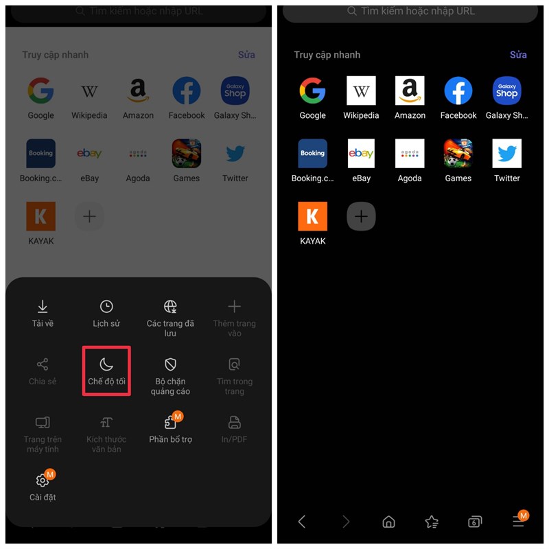 cách bật tắt chế độ darkmode trên samsung internet