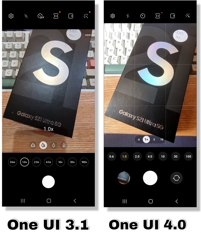 Giao diện camera của Galaxy S21 Ultra trên One UI 3.1 (bên trái), One UI 4.0 (bên phải).