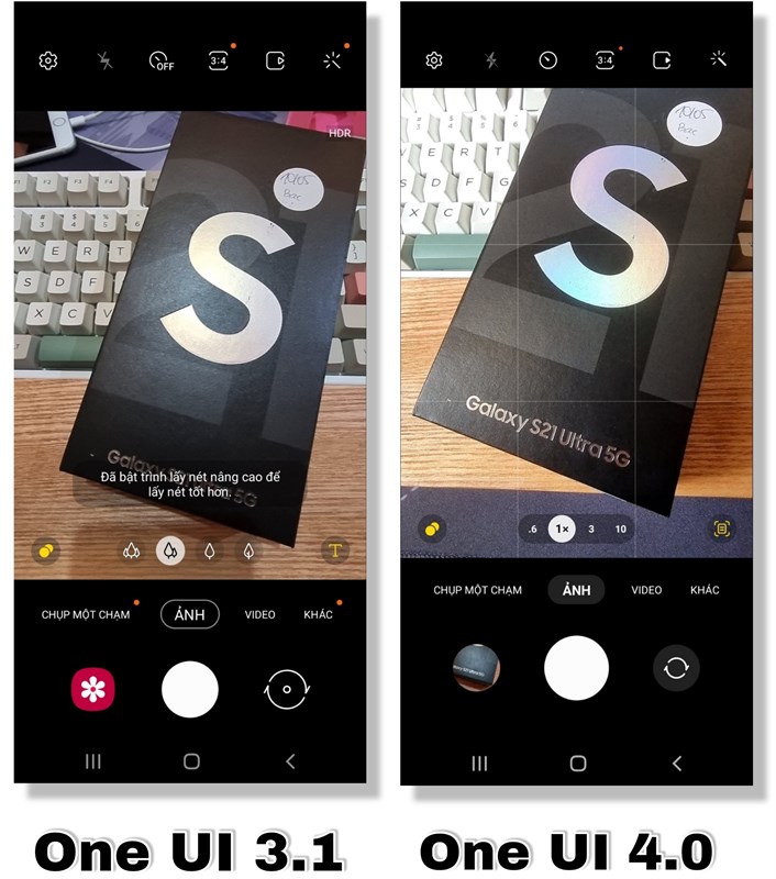 Giao diện camera của Galaxy S21 Ultra trên One UI 3.1 (bên trái), One UI 4.0 (bên phải).