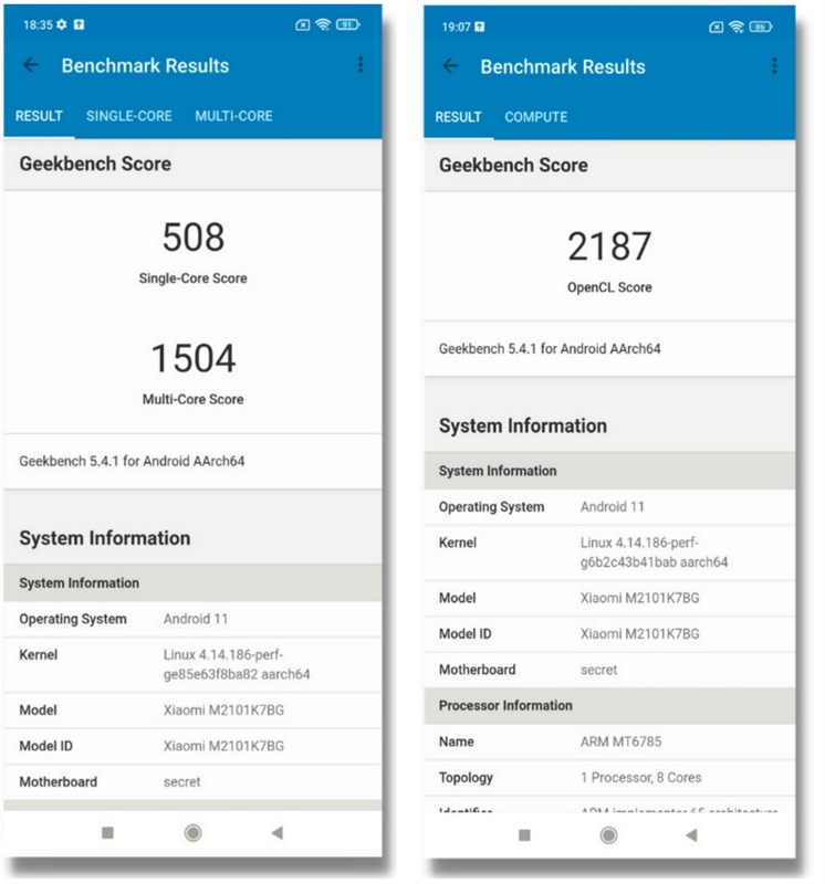 Điểm Geekbench 5 đa nhân, đơn nhân và Compute (điểm đồ họa GPU) của Redmi Note 10S.