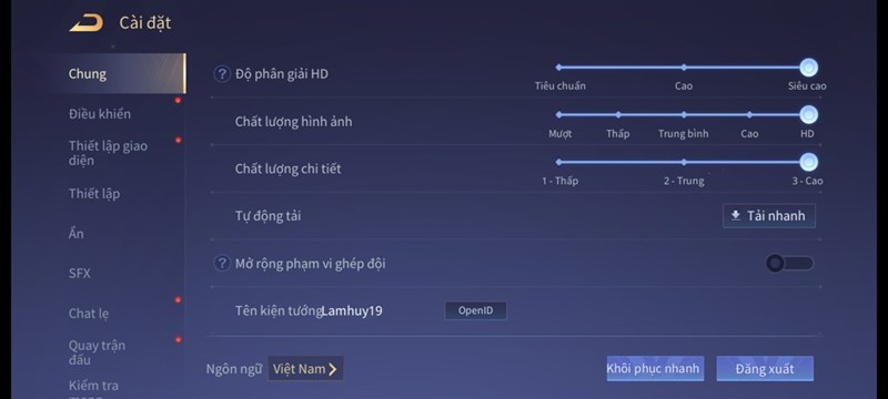 Thiết lập đồ họa trong Liên Quân Mobile mình dùng để test pin Redmi Note 10S