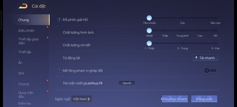Thiết lập đồ họa trong Liên Quân Mobile mà mình dùng để test pin OPPO A16K. Thiết lập đồ họa trong Liên Quân Mobile mà mình dùng để test pin OPPO A16K.