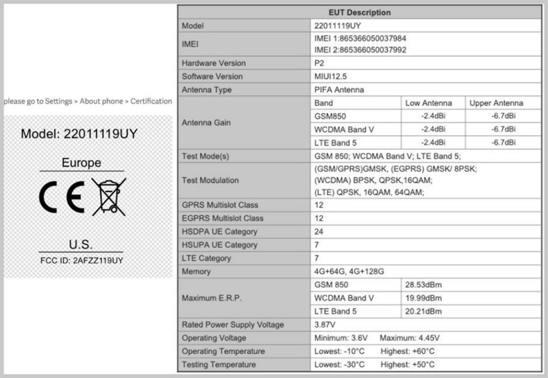 Smartphone có số model 22011119UY có thể là Redmi 10 (2022) đã được FCC chứng nhận