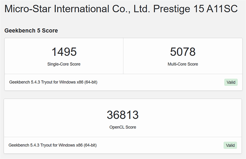 Điểm GeekBench 5 của MSI Prestige 15 A11SC. Điểm GeekBench 5 của MSI Prestige 15 A11SC.