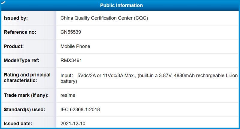 Số model RMX3491 trên CQC được cho là của Realme 9i Số model RMX3491 trên CQC được cho là của Realme 9i