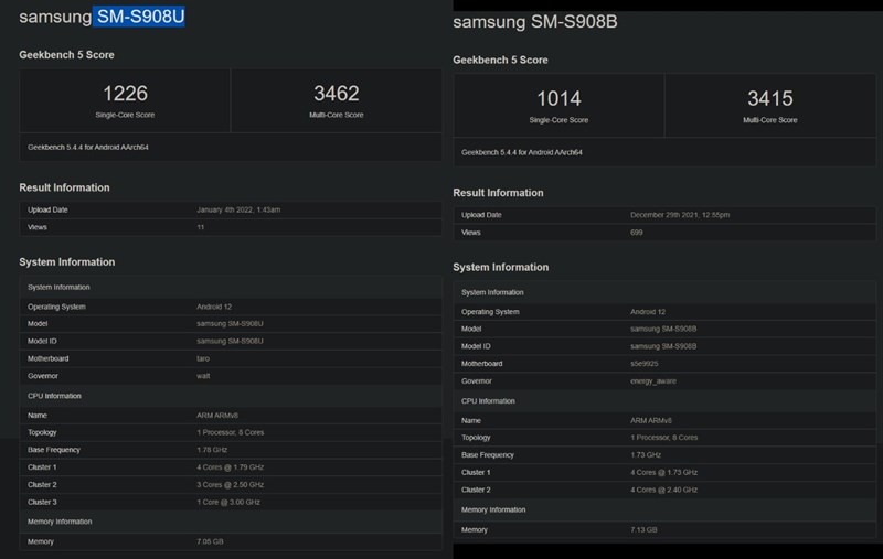 Galaxy S22 Ultra xuất hiện trên Geekbench Galaxy S22 Ultra xuất hiện trên Geekbench