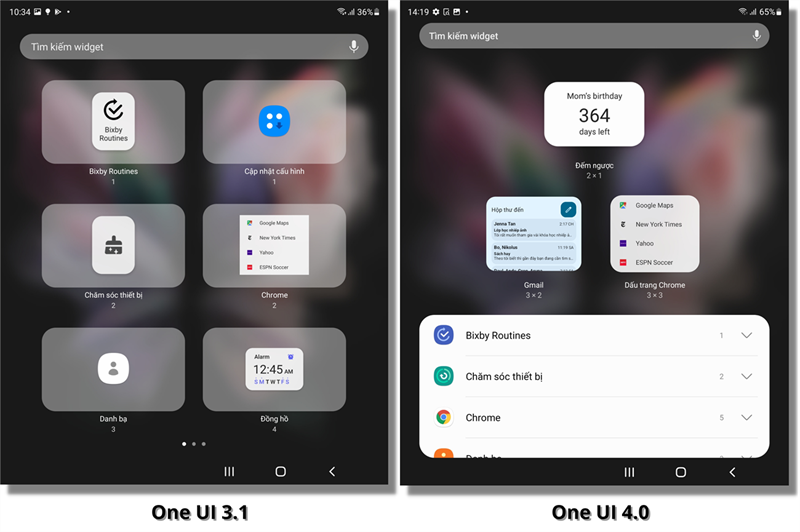 Giao diện thiết lập Widget của Galaxy Z Fold3 5G chạy One UI 3.1 (bên trái) và One UI 4.0 (bên phải).