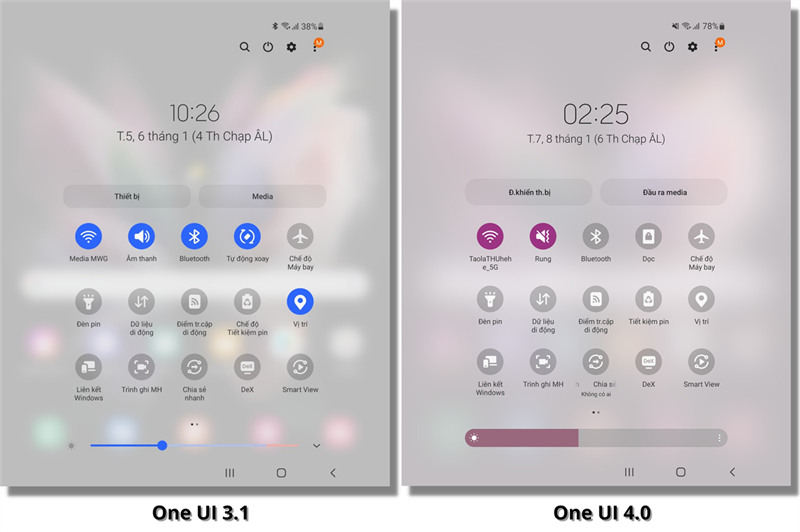 Thanh thông báo của Z Fold3 5G trên One UI 3.1 (bên trái) và One UI 4.0 (bên phải).